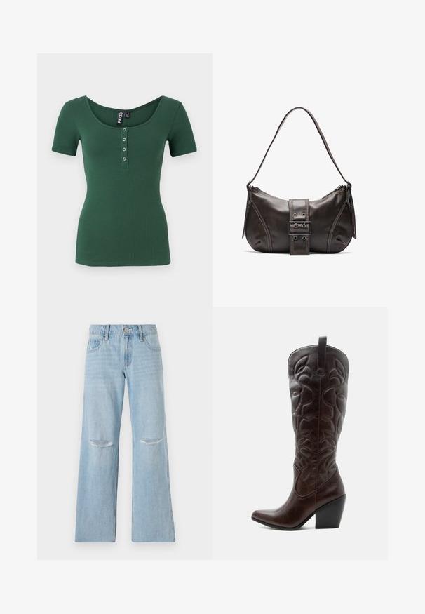 Geribbelde top met korte mouwen in donkergroen met een ronde hals. Voorzien van een knoopsluiting met zilverkleurige drukknoopjes. Zachte textuur.; Lichtblauwe denim jeans met een hoge taille, wijde pijpen en twee gescheurde knieën. Bevat riemlussen en voorzakken.; Lange donkerbruine leren cowboylaars met gestikte decoratieve patronen, spitse neus en gestapelde blokhak.; Bruine leren schoudertas met een gebogen vorm, voorzien van een opvallende gespdetail, contrasterende stiksels en een enkele schouderband.