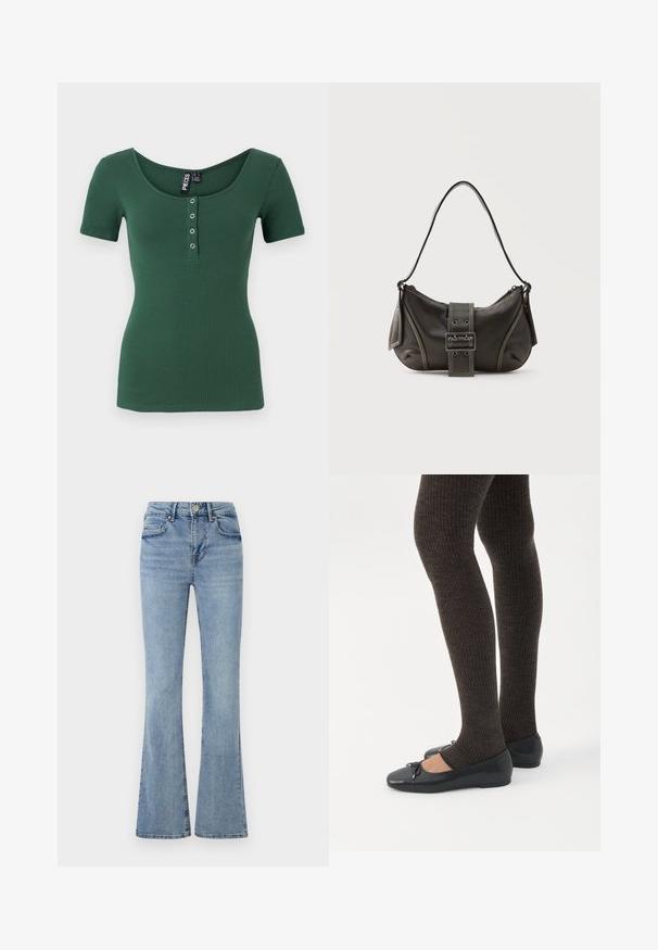 Geribbelde top met korte mouwen in donkergroen met een ronde hals. Voorzien van een knoopsluiting met zilverkleurige drukknoopjes. Zachte textuur.; Lichtblauwe denim jeans met een hoge taille, een knoop- en ritsluiting aan de voorkant, vijf zakken en licht uitlopende pijpen.; Benen met donkere geribbelde leggings gecombineerd met zwarte ballerina's met kleine strikdetails op een witte achtergrond.; Zwarte leren schoudertas met gespsluiting aan de riem, afgeronde hoeken en contrasterende witte stiksels op een effen achtergrond.