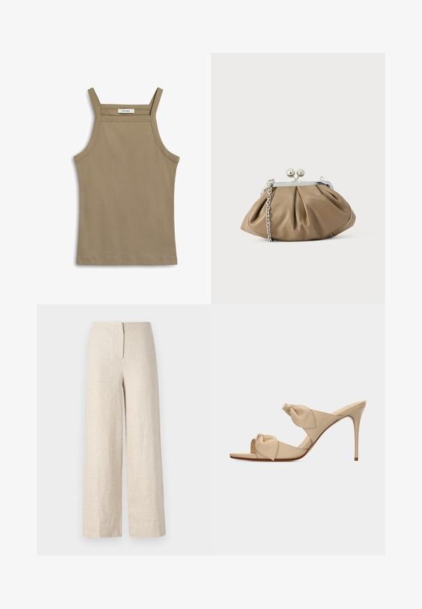 Khaki tank top med tynde straps, ribbet tekstur og en lige kant. Mærket læser "IVY OAK" ved halsudskæringen.; Beige linned bukser med bred ben, høj talje og skjult lynlås bagpå. Glat tekstur og åndbart stof.; Beige åben tå højhælet mule-sandal med to snoede knudestrimler og en slank stilet-hæl på hvid baggrund.; Læderclutch i blød beige med afrundet form, plisseret tekstur, sølvfarvet kiss-lock lukning og aftagelig kæderem.