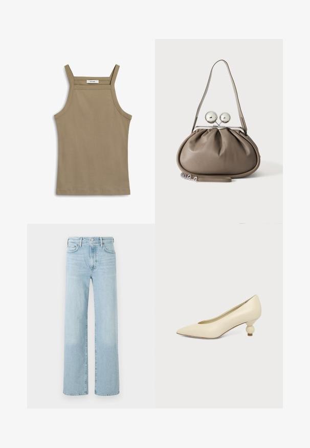 Khaki tanktop met dunne schouderbandjes, geribbelde textuur en een rechte zoom. Etiket met de tekst "IVY OAK" op de halslijn.; Lichtblauwe denim jeans met een rechte pasvorm, voorzien van een knoopsluiting, vijf zakken en subtiele vervaging op de stof.; Dames schoen in roomkleur met een puntige neus en een lage, ronde balvormige hak op een effen achtergrond.; Grijze leren handtas met afgeronde vorm, bovenste sluiting met twee grote zilveren bollen en een enkele schouderriem.