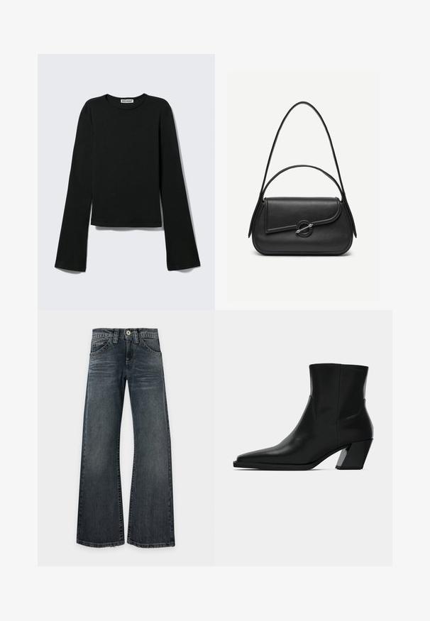 Black long-sleeve crewneck shirt with a fitted silhouette and slightly flared sleeves, labeled with "Weekday" brand tag at the neckline.; Dark wash wide-leg jeans with slight fading on the thighs, classic five-pocket design, and visible stitching, laid flat on a white background.; Black leather ankle boot with a pointed toe, a sleek silhouette, and a chunky square heel. Smooth texture with minimal stitching details.; Black leather handbag with rounded edges, asymmetrical flap, metal circular clasp, and both short and long shoulder straps.