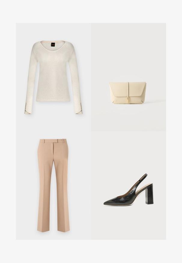 Pull crème à manches longues avec encolure dégagée et détails de boutons aux poignets, avec une petite étiquette noire au col.; Pantalon beige droit sur mesure avec passants de ceinture et plis avant, présenté sur un fond blanc.; Chaussure slingback en cuir noir à bout pointu avec un talon bloc haut et une doublure intérieure beige sur un fond clair uni.; Pochette en cuir beige avec rabat avant et fermeture par sangle verticale, sur un fond clair uni.