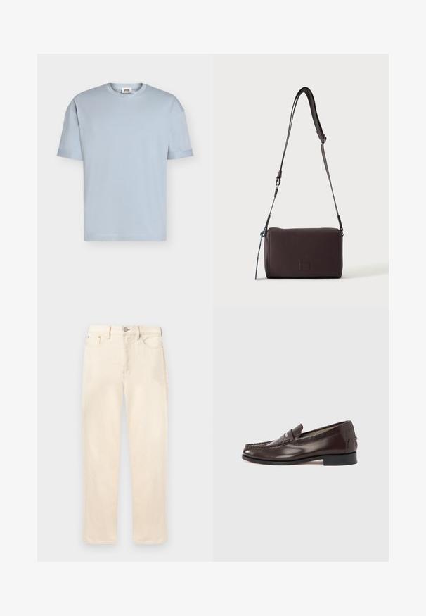 T-shirt bleu clair à manches courtes et col rond avec une petite étiquette de marque à l'intérieur du col, présenté sur un fond blanc uni.; Jean droit de couleur crème avec bouton et fermeture éclair à l'avant, poches avant et arrière, et passants pour ceinture, présenté sur un fond uni.; Mocassins en cuir marron avec un bout style mocassin, des coutures décoratives et un talon bas. Texture lisse avec un léger éclat.; Sac bandoulière en cuir marron foncé texturé avec une sangle réglable et un petit accent décoratif bleu sur le côté.