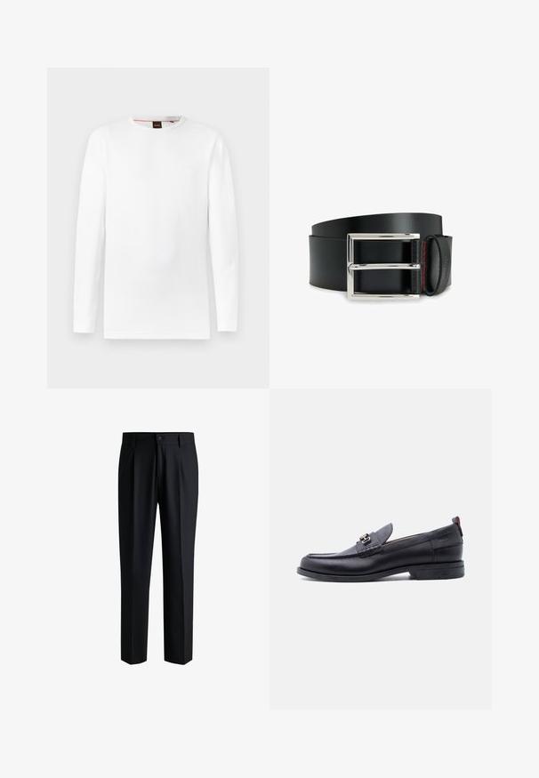T-shirt blanc à manches longues en matière texturée, avec un col rond et un logo discret embossé au centre.; Pantalons noirs en tissu lisse, avec une coupe droite, des plis à l'avant et une fermeture à bouton avec passants de ceinture.; Mocassin en cuir noir avec empeigne texturée grise, détail boucle en métal argenté, petit talon et languette à l'arrière.; Ceinture en cuir noir avec une boucle rectangulaire argentée, ornée de coutures rouges. Texture lisse avec un design classique et une quincaillerie robuste.