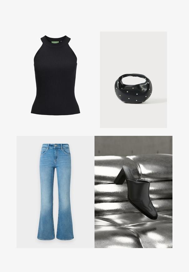 Débardeur noir côtelé avec un col haut et un design sans manches. Présente une coupe ajustée et un tissu extensible. Étiquette de marque verte à l'intérieur.; Jean flare en denim bleu clair avec poches avant, passants de ceinture et fermeture à bouton sur un fond blanc.; Mule en cuir noir avec talon bloc reposant sur une surface argentée brillante capitonnée, mettant en valeur son design élégant et ses détails incurvés.; Sac à main en cuir noir de forme arrondie, décoré de clous argentés et équipé d'une poignée courte. Texture lisse et fermeture éclair.