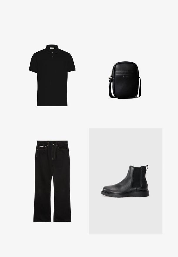 Zwart polohemd met korte mouwen, twee knopen en een kraag, met een klein logo op de borst.; Zwarte jeans met rechte pijpen, oranje stiksels, vijf zakken, knoopsluiting en een klein Calvin Klein-label op de voorste rechterzak.; Zwarte leren Chelsea boots met een gestructureerde afwerking, elastische zijpanelen en een stevige rubberen zool. Subtiele branding op de hiel.; Zwart gestructureerde leren compacte crossbodytas met voorste stiksels en "Calvin Klein"-logo, met een verstelbare schouderband.