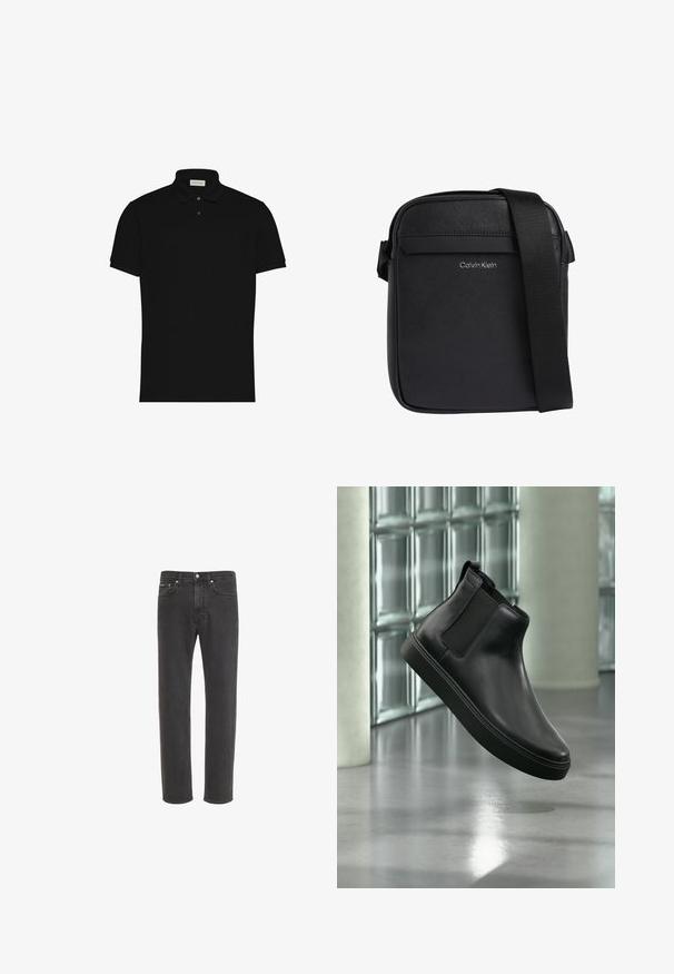 Sort polo med korte ærmer, to knapper og en krave, med en lille logo på brystet.; Sorte jeans med lige ben i denim med knap- og lynlås-lukning foran, for- og baglommer, vist på hvid baggrund.; Sort læder ankelstøvle med elastiske sidepaneler, der svæver over en poleret beton gulv og glasblokke i baggrunden.; Sort Calvin Klein crossbody taske med tekstureret overflade og justerbar skulderrem.