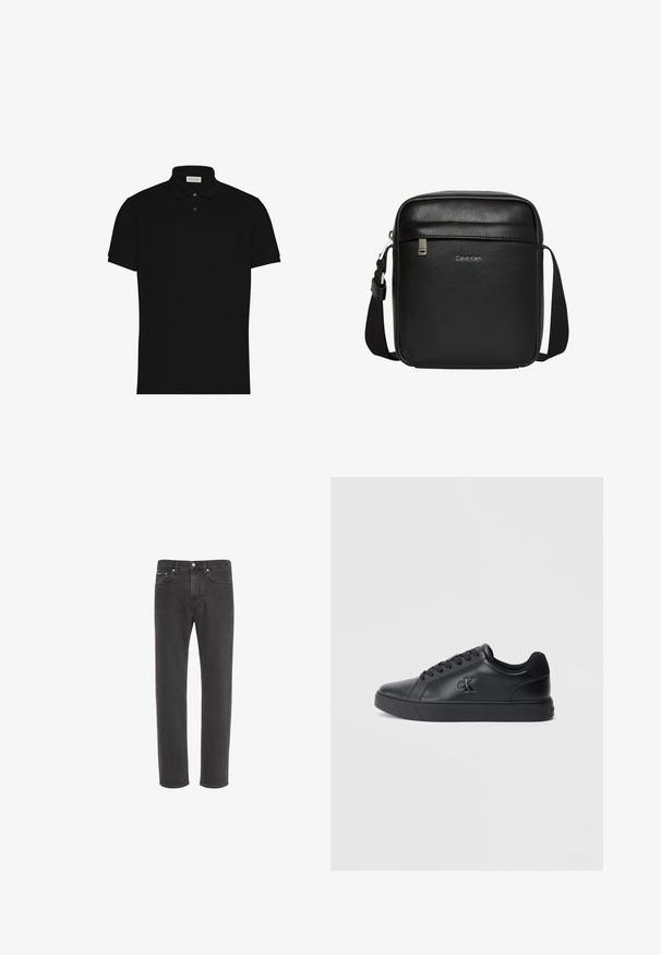 Zwart polohemd met korte mouwen, twee knopen en een kraag, met een klein logo op de borst.; Zwarte rechte denim jeans met knoop- en ritssluiting aan de voorkant, voor- en achterzakken, weergegeven op een witte achtergrond.; Zwarte leren sneakers met vetersluiting, rubberen zool en reliëflogo op de zijkant, met een gladde textuur en minimalistische stijl.; Zwarte Calvin Klein crossbodytas met verstelbare riem, voorvak met ritssluiting en subtiel logo op een getextureerd leren oppervlak.