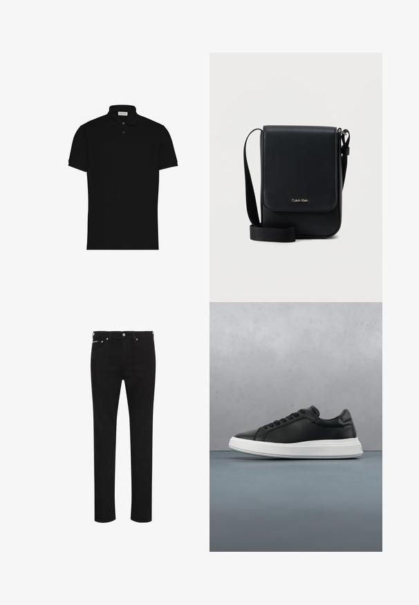 Zwart polohemd met korte mouwen, twee knopen en een kraag, met een klein logo op de borst.; Zwarte slim-fit jeans met knoop aan de voorkant, riemlussen en zichtbare voorzakken, weergegeven op een witte achtergrond.; Zwarte leren sneaker met een gladde afwerking, witte rubberen zool, ronde vorm, zes openingen voor veters en subtiele branding op de hiel.; Zwarte Calvin Klein schoudertas met klep, verstelbare riem en klein gouden logo aan de voorkant, tegen een effen witte achtergrond.