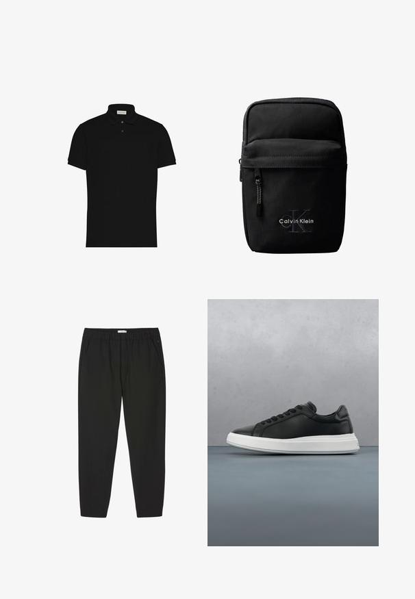 Schwarzes Polo mit kurzen Ärmeln, zwei Knöpfen und einem Kragen, mit kleinem Logo auf der Brust.; Schwarze Hosen mit elastischem Bund, geraden Beinen und Seitentaschen, entwickelt für Freizeit- oder Berufsbekleidung.; Schwarze Ledersneaker mit glatter Oberfläche, weißer Gummisohle, rundem Design, sechs Ösen für die Schnürsenkel und dezentem Branding an der Ferse.; Schwarze Calvin Klein Umhängetasche mit Frontreißverschlusstasche, geprägt "cK" Logo und weiß gesticktem Markennamen.