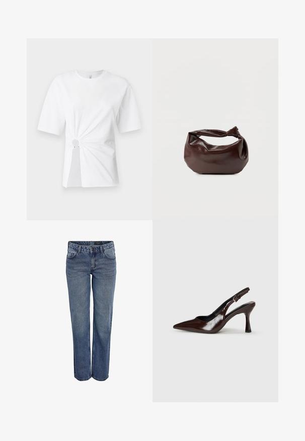 T-shirt en coton blanc à manches courtes, avec un détail central froncé comportant une découpe circulaire et des accents métalliques à la taille.; Jean en denim bleu avec une coupe droite, featuring un design classique à cinq poches, des coutures subtiles et une fermeture à bouton.; Talons slingback en cuir verni brun avec un bout pointu, un talon fin, et une sangle réglable avec une petite boucle.; Sac bandoulière en cuir marron foncé avec une forme souple et décontractée et une anse nouée torsadée sur un fond blanc uni.