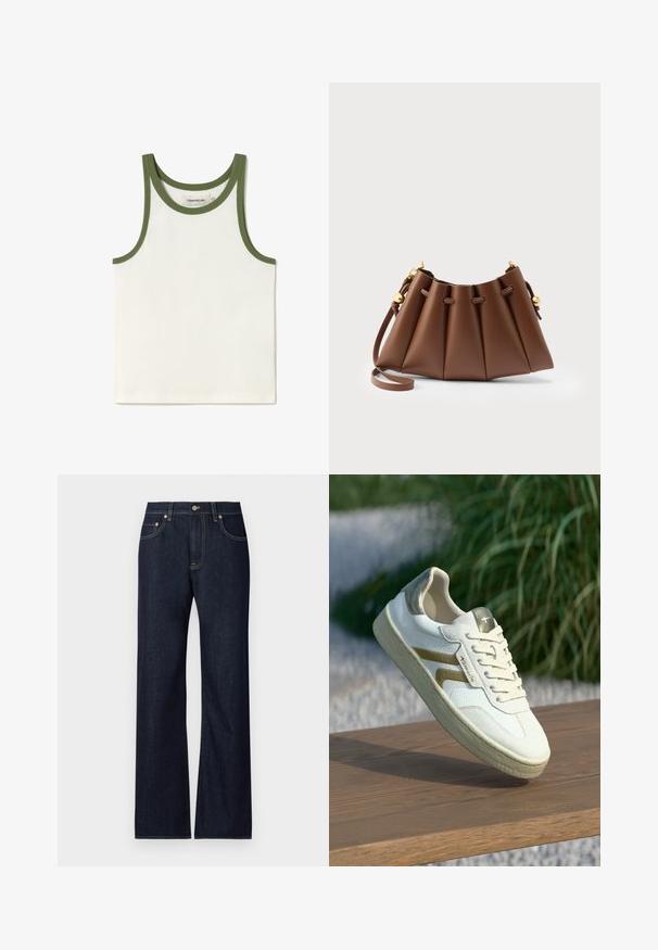 Débardeur blanc à côtes avec des bords verts autour de l'encolure et des emmanchures. Étiquette visible à l'intérieur. Design simple et mince, adapté pour le superposition.; Jean en denim bleu foncé avec une coupe droite, comprenant cinq poches, des coutures jaunes contrastées et une fermeture à bouton en métal.; Baskets blanches avec une surface texturée, des accents dorés et des lacets plats, présentant une semelle lisse ainsi qu'un talon et une languette rembourrés.; Sac à main en cuir marron plissé avec bandoulière réglable et accents de cordon de serrage dorés sur un fond neutre.