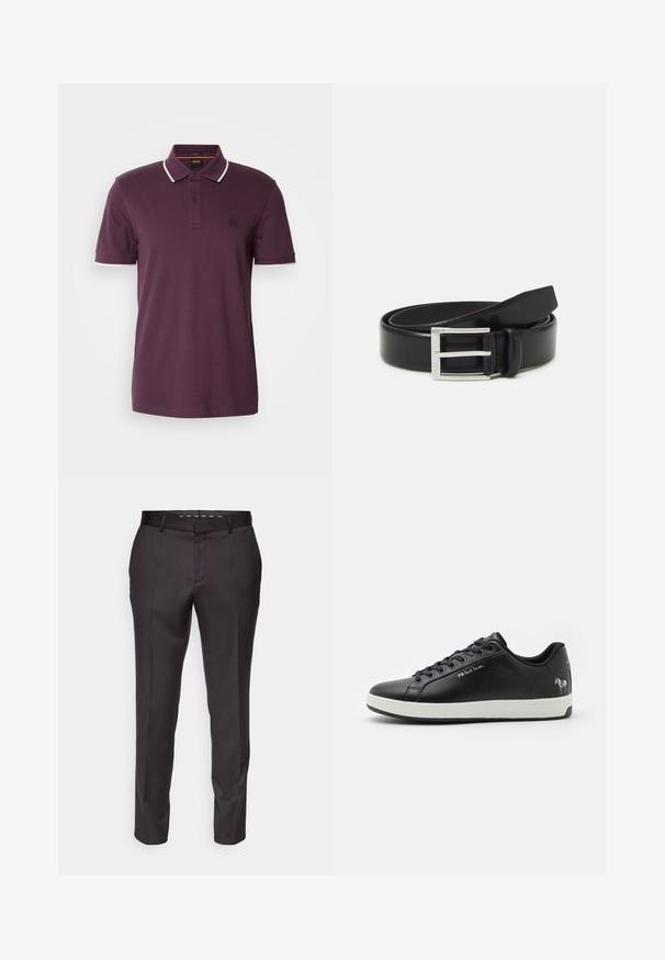 Polo shirt violet foncé avec une patte de boutonnage à deux boutons, des accents blancs sur le col et les manches, et un petit patch logo sur la poitrine.; Pantalons noirs sur mesure avec une texture lisse, un design structuré et des plis à l'avant. Ils présentent une jambe droite et une taille ajustée.; Basket en cuir noir avec semelle en caoutchouc blanche, bout rond, design à lacets et graphique zèbre sur le talon. Présente un logo subtil.; Ceinture en cuir noir avec une finition brillante ; elle présente une boucle en métal argenté avec un design à cadre rectangulaire et des bords lisses.