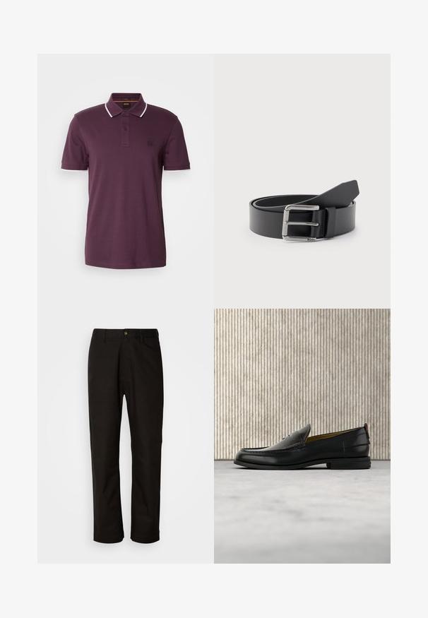 Polo shirt violet foncé avec une patte de boutonnage à deux boutons, des accents blancs sur le col et les manches, et un petit patch logo sur la poitrine.; Pantalon en coton noir avec une coupe droite, des passants de ceinture, une fermeture éclair à l'avant et un seul bouton. Texture lisse sans motifs visibles.; Mocassin pour homme en cuir noir avec un dessus embossé effet croco et un petit talon, présenté de profil sur un fond neutre.; Ceinture en cuir noir enroulée avec une boucle métallique rectangulaire argentée gravée "BOSS" sur un fond gris clair.
