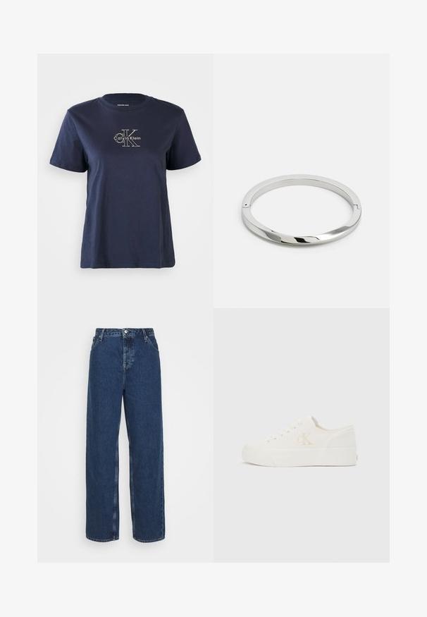 Námornícky modré bavlnené tričko s krátkymi rukávmi, s malým bielym logom "Calvin Klein" v strede prednej časti. Krúžkový výstrih, voľný strih.; Tmavomodré rifľové nohavice s širokými nohavicami a vysokým pásom, s uzatváraním na gombík a zips, dizajnom s piatimi vreckami a rovnými nohavicami od bedra po lem.; Biela nízka teniska s hrubou podrážkou a bočným logom "cK", šnurovaním vpredu a minimalistickým dizajnom na neutrálnom pozadí.; Strieborný kovový náramok so hladkým, lesklým povrchom a plochými hranami. Má otvorený kruhový dizajn s jemným detailom zapínania.