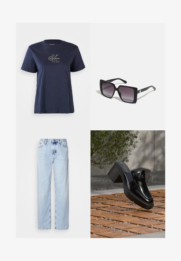 Námornícky modré bavlnené tričko s krátkymi rukávmi, s malým bielym logom "Calvin Klein" v strede prednej časti. Krúžkový výstrih, voľný strih.; Svetlomodré široké džínsy vyrobené z denimu, s vysokým pásom, vyblednutým umývaním a jemným vzorom batikovania na prednej strane.; Čierne kožené šľapky Calvin Klein s blokovým podpätkom, ktoré oddychujú na drevených dlaždiciach vonku blízko zelenej rastliny a šedej steny.; Čierne slnečné okuliare v štvorcovom tvare so sivými gradientovými šošovkami. Lesklé rámy s čistými líniami. Strieborný logotyp ako akcent na nožičkách.