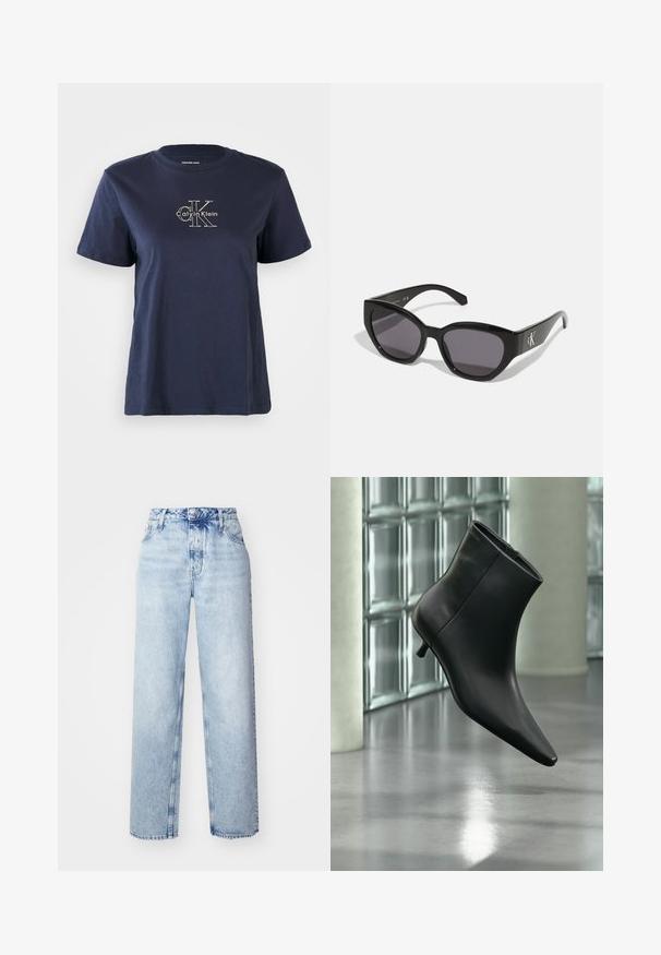 Námornícky modré bavlnené tričko s krátkymi rukávmi, s malým bielym logom "Calvin Klein" v strede prednej časti. Krúžkový výstrih, voľný strih.; Svetlomodré vysooko nasadené džínsy s voľným strihom, priamymi nohavicami, piatimi vreckami a klasickým zapínaním na gombík a zips.; Čierna kožená členková čižma so špicatou špičkou a nízkym kitten podpätkom, zobrazená šikmo na pozadí leštenej podlahy a steny zo sklenených blokov.; Čierne slnečné okuliare so štýlovým, uhlyzovaným dizajnom, tmavými sklami a kontrastným strieborným logom po stranách. Hladká plastová textura.