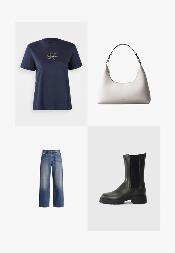 Navyblaue Baumwoll-T-Shirt mit kurzen Ärmeln, das auf der Vorderseite ein kleines weißes "Calvin Klein"-Logo in der Mitte trägt. Rundhalsausschnitt, lässige Passform.; Blaue Jeans mit weitem Bein, verwaschenem Look, Knopf- und Reißverschluss und Vorder- sowie Hintertaschen.; Grüne Leder-Stiefelette mit elastischen seitlichen Einsätzen, runder Zehenpartie und Gummisohle. Hat eine strukturierte Oberfläche und einen Blockabsatz.; Cremefarbene Calvin Klein Lederschultertasche mit gebogener Oberkante, silbernem Reißverschluss und dunkelbraunem verstellbarem Riemen.