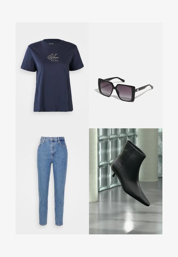Navyblaue Baumwoll-T-Shirt mit kurzen Ärmeln, das auf der Vorderseite ein kleines weißes "Calvin Klein"-Logo in der Mitte trägt. Rundhalsausschnitt, lässige Passform.; Blaue hochtaillierte gerade Jeans mit verdecktem Knopf und Reißverschluss, Gürtelschlaufen und Taschen, vor einem schlichten weißen Hintergrund präsentiert.; Schwarzer Leder-Stiefelette mit spitzer Zehenpartie und niedrigem Kitten-Heel, schräg dargestellt vor einem polierten Boden und einer Glasbausteinwand.; Schwarze quadratische Sonnenbrillen mit grauen Verlaufslinsen. Glänzende Rahmen mit klaren Linien. Silbernes Logo-Detail an den Schläfen.