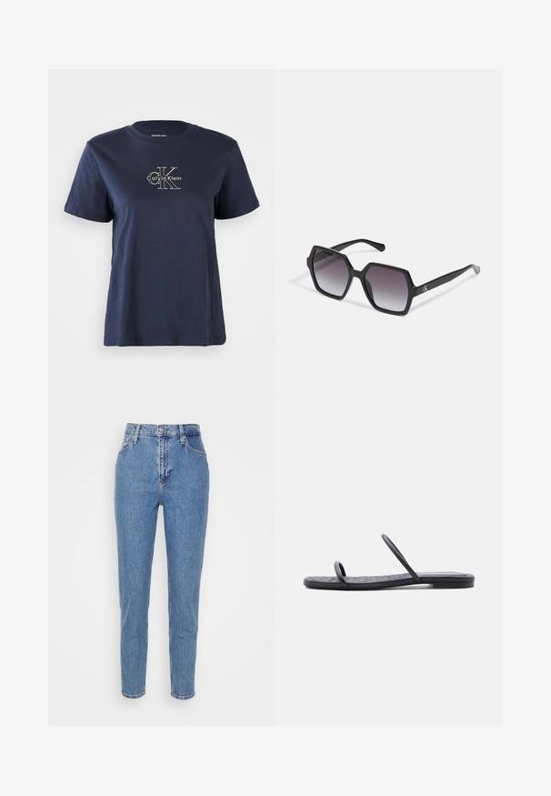 Marineblå bomulds t-shirt med korte ærmer, med et lille hvidt "Calvin Klein" logo i midten af fronten. Rund halsudskæring, afslappet pasform.; Blå højtaljede lige jeans med frontknap og lynlås, bæltestropper og lommer, præsenteret på en ensfarvet hvid baggrund.; Sort flad sandal med tynd quiltet sål og to smalle stropper over tæerne og midtfoden, vist i sideprofil på hvid baggrund.; Sorte sekskantede solbriller med gradientlinser, med en glat overflade og diskret branding på stængerne. Holdbar plastkonstruktion.