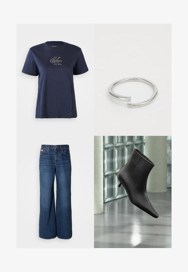 Navyblaue Baumwoll-T-Shirt mit kurzen Ärmeln, das auf der Vorderseite ein kleines weißes "Calvin Klein"-Logo in der Mitte trägt. Rundhalsausschnitt, lässige Passform.; Weite Jeans aus dunkelblauem Denim. Merkmale sind eine hohe Taille, fünf Taschen und kontrastierender orangefarbener Stitching entlang der Nähte.; Schwarzer Leder-Knöchelstiefel mit spitzer Spitze und kleinem Absatz vor einer Wand aus Glasbausteinen und einem polierten Boden.; Calvin Klein SPIRAL - Armband - silver-coloured