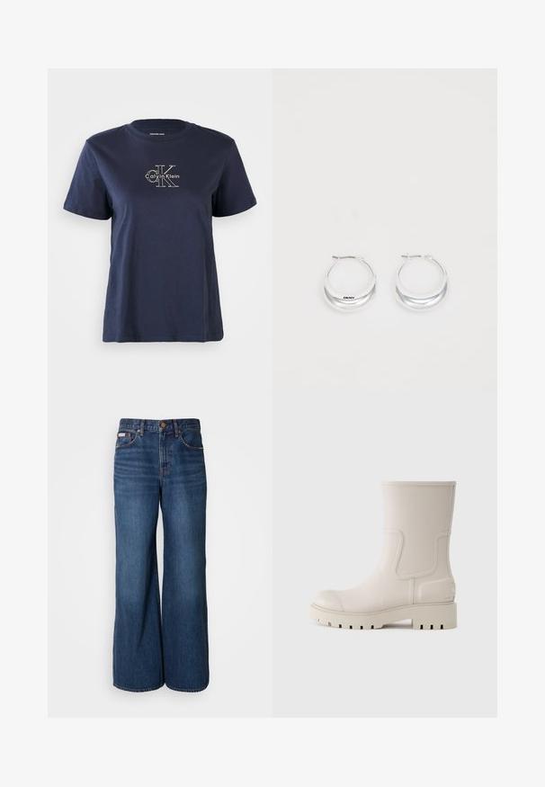 Navyblaue Baumwoll-T-Shirt mit kurzen Ärmeln, das auf der Vorderseite ein kleines weißes "Calvin Klein"-Logo in der Mitte trägt. Rundhalsausschnitt, lässige Passform.; Weite Jeans aus dunkelblauem Denim. Merkmale sind eine hohe Taille, fünf Taschen und kontrastierender orangefarbener Stitching entlang der Nähte.; Weißer Gummi-Stiefelette mit runder Zehenpartie, strukturiertem Profil, dezenten Seitenverzierungen und Logo an der Ferse. Stilvolles und funktionales Design.; Silberne Creolen mit glänzender Oberfläche und DKNY-Logo, vor einem schlichten weißen Hintergrund präsentiert.