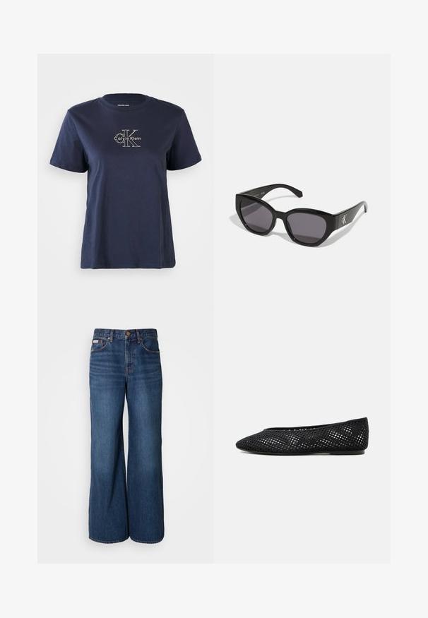 Navyblaue Baumwoll-T-Shirt mit kurzen Ärmeln, das auf der Vorderseite ein kleines weißes "Calvin Klein"-Logo in der Mitte trägt. Rundhalsausschnitt, lässige Passform.; Weite Jeans aus dunkelblauem Denim. Merkmale sind eine hohe Taille, fünf Taschen und kontrastierender orangefarbener Stitching entlang der Nähte.; Schwarzer Mesh-Flachschuh mit geschlossener Spitze und niedrigem Absatz, mit atmungsaktivem gewebtem Design und dezentem seitlichem Logo.; Schwarze Sonnenbrille mit einem schlanken, kantigen Design, dunklen Gläsern und einem kontrastierenden silbernen Logo an der Seite. Glatte Kunststoffoberfläche.
