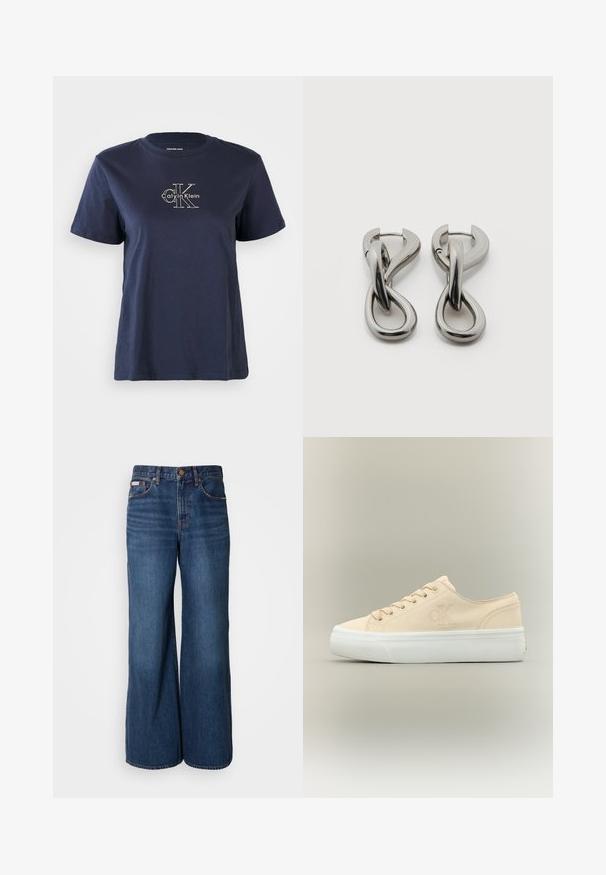 Camiseta de algodón azul marino con mangas cortas, que presenta un pequeño logo blanco de "Calvin Klein" en el centro frontal. Cuello redondo, ajuste casual.; Vaqueros de pierna ancha hechos de denim azul oscuro. Incluyen una cintura alta, cinco bolsillos y costuras en contraste de color naranja a lo largo de las costuras.; Zapatilla baja de lona beige con suela de goma blanca gruesa y un sutil logo "CK" en el lateral.; Par de pendientes de metal con acabado plateado y diseño abstracto de bucles entrelazados sobre un fondo blanco.
