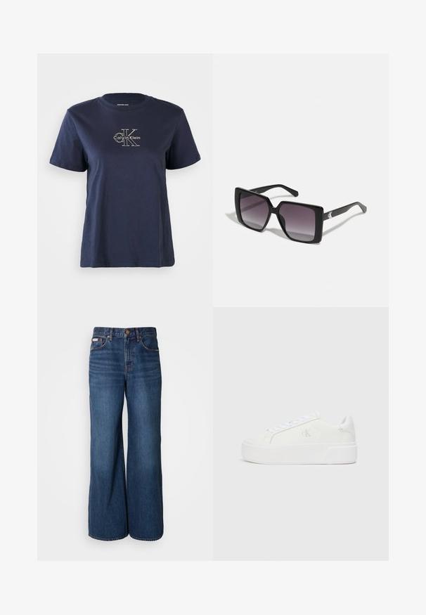 Marineblå bomulds t-shirt med korte ærmer, med et lille hvidt "Calvin Klein" logo i midten af fronten. Rund halsudskæring, afslappet pasform.; Bredde jeans lavet af mørkeblåt denim. Funktioner inkluderer en høj talje, fem lommer og kontrasterende orange syninger langs sømmene.; Hvide platform sneakers med en glat læderoverdel, rund tå, hvide snørebånd og diskret logo-detalje på siden. Flad gummisål.; Sorte firkantede solbriller med gradient grå linser. Blank ramme med rene linjer. Sølvlogo-aksecent på stængerne.