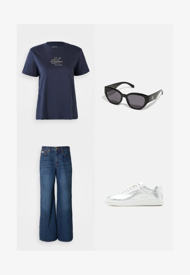 Camiseta de algodón azul marino con mangas cortas, que presenta un pequeño logo blanco de "Calvin Klein" en el centro frontal. Cuello redondo, ajuste casual.; Vaqueros de pierna ancha hechos de denim azul oscuro. Incluyen una cintura alta, cinco bolsillos y costuras en contraste de color naranja a lo largo de las costuras.; Zapatilla baja metálica plateada con suela y cordones blancos, textura suave y discreto logotipo en relieve en el lateral.; Gafas de sol negras con un diseño elegante y angular, lentes oscuros y un logo plateado en contraste en el lateral. Textura de plástico suave.