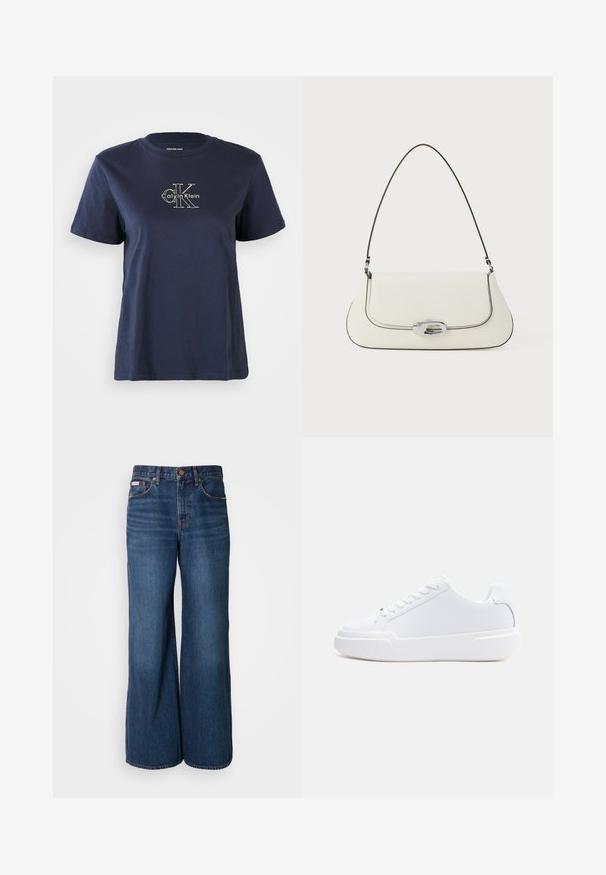 Marineblå bomulds t-shirt med korte ærmer, med et lille hvidt "Calvin Klein" logo i midten af fronten. Rund halsudskæring, afslappet pasform.; Bredde jeans lavet af mørkeblåt denim. Funktioner inkluderer en høj talje, fem lommer og kontrasterende orange syninger langs sømmene.; Hvid lavtop-sneaker med snørelukning, tyk sål og glat overdel, vist fra ydersiden mod en ensartet lys baggrund.; Hvid lædertaske med et buet design, kontrasterende sort syning og en sølvfarvet beslaglås med Calvin Klein-logoet.