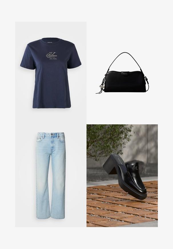Camiseta de algodón azul marino con mangas cortas, que presenta un pequeño logo blanco de "Calvin Klein" en el centro frontal. Cuello redondo, ajuste casual.; Vaqueros de pierna ancha azul claro confeccionados en denim, con un diseño clásico de cinco bolsillos y una sutil textura deslavada. La costura del denim es visible.; Mule tipo slip-on de cuero negro de Calvin Klein con tacón de bloque descansando sobre baldosas de madera al aire libre cerca de una planta verde y una pared gris.; Bolso rectangular negro de Calvin Klein con una única correa superior, dije con el logo plateado y un pequeño cierre de solapa en la parte frontal.