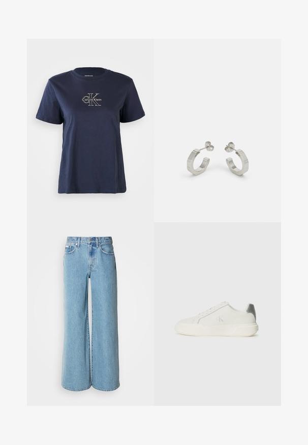 Camiseta de algodón azul marino con mangas cortas, que presenta un pequeño logo blanco de "Calvin Klein" en el centro frontal. Cuello redondo, ajuste casual.; Jeans de mezclilla de corte ancho en un tono azul claro, con cintura alta, diseño de cinco bolsillos y un ligero desgastado en la tela.; Zapatilla blanca de cuero con textura suave, que presenta un acento plateado en el talón, suela plana y un diseño minimalista.; Pendientes aros de metal plateado con un diseño texturizado, que cuentan con un pequeño respaldo de clip y una marca en uno de los aros. Forma redondeada con un acabado pulido.