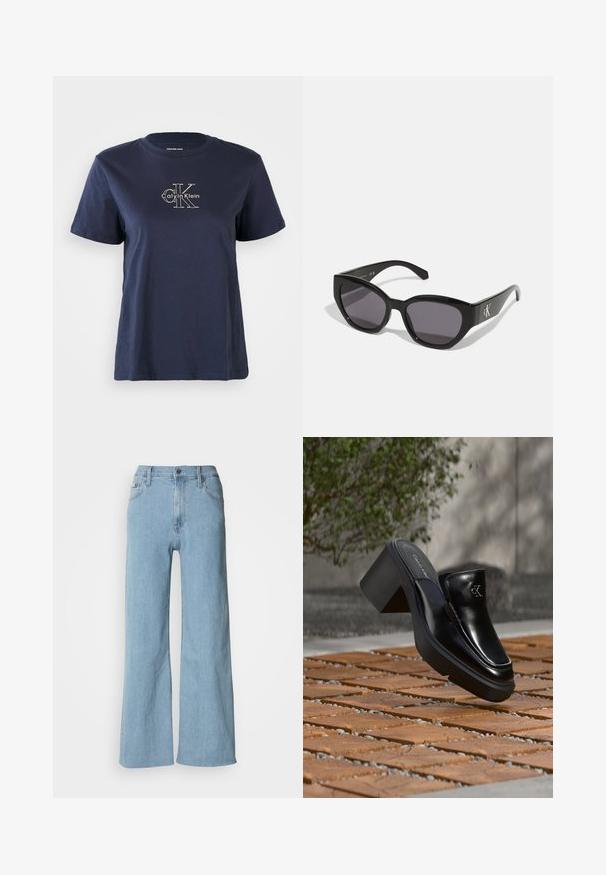 Marineblå bomulds t-shirt med korte ærmer, med et lille hvidt "Calvin Klein" logo i midten af fronten. Rund halsudskæring, afslappet pasform.; Lyseblå vidde jeans lavet af denim, med en tætsiddende talje, fem-lomme design og subtile syningsdetaljer.; Sort læder Calvin Klein slip-on mule med blokhæl, der hviler på trætøj udendørs nær en grøn plante og en grå væg.; Sorte solbriller med et strømlinet, vinklet design, mørke linser og et kontrasterende sølvlogo på siden. Glat plastoverflade.