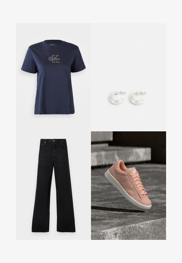Navyblaue Baumwoll-T-Shirt mit kurzen Ärmeln, das auf der Vorderseite ein kleines weißes "Calvin Klein"-Logo in der Mitte trägt. Rundhalsausschnitt, lässige Passform.; Schwarze Jeans mit weitem Bein aus Denim, mit hohem Bund, Fünf-Taschen-Design und Knopfverschluss, mit leicht ausgewaschener Struktur.; Pinkfarbener Nike-Sneaker aus Wildleder mit weißer Sohle und weißem Logo, geschnürt, schwebt über grauen Betontreppen in der Luft.; Ohrringe in silberfarbener Ausführung mit einem gedrehten Ohrringdesign, das eine strukturierte Oberfläche und gerippte Details aufweist, gesichert mit einem Steckverschluss.