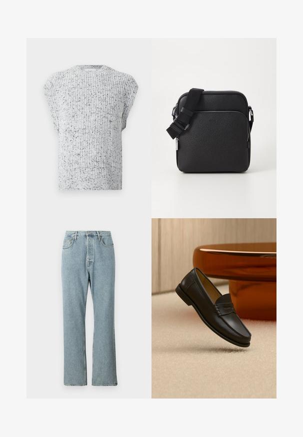 Gebreide mouwloze sweatervest in lichtgrijs met zwarte spikkels en een geribbelde ronde halslijn en zoom.; Lichtblauwe denim jeans met een hoge taille, brede rechte pijpen en eenvoudige stiksels. Heeft vijf zakken en een klassieke knoopsluiting.; Zwarte leren loaferschoen zwevend boven een beige tapijt met amberkleurige moderne meubels op de achtergrond.; Zwarte leren schoudertas met een gestructureerd oppervlak, voorzien van een voorzak met rits, een verstelbare schouderband en metalen accenten.