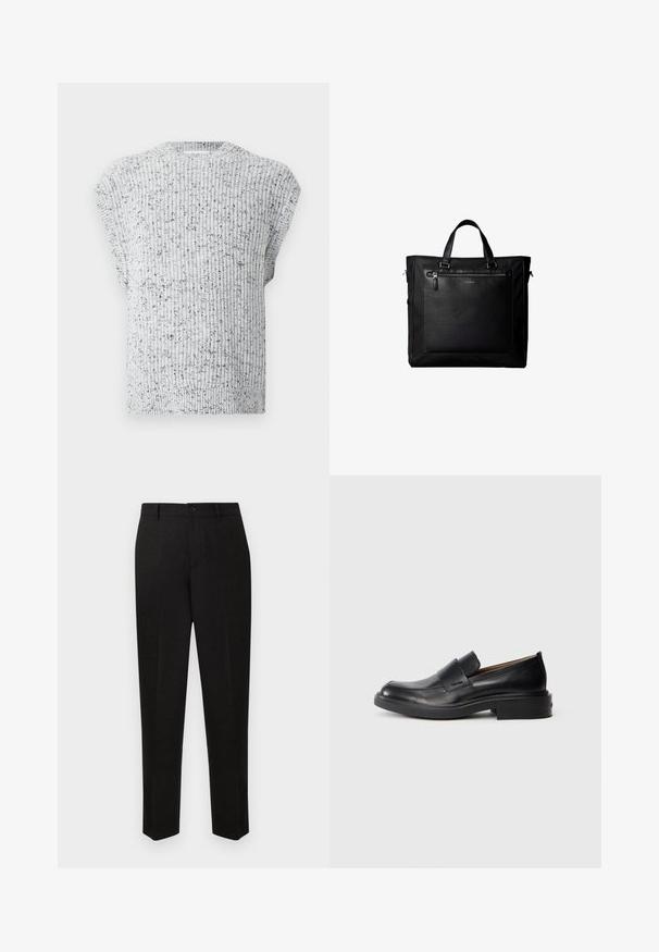 Gebreide mouwloze sweatervest in lichtgrijs met zwarte spikkels en een geribbelde ronde halslijn en zoom.; Zwarte op maat gemaakte broek met een rechte pijp, voorzien van een knoopsluiting en een subtiele textuur. Geen zichtbare patronen of accenten.; Zwarte leren instap schoenen met een lage hak en subtiel Calvin Klein-logo aan de zijkant, weergegeven in profiel op een witte achtergrond.; Zwarte tote bag met dubbele handvatten, grote voorste leren zak met ritssluiting en subtiel Calvin Klein-logo in het midden van de zak.