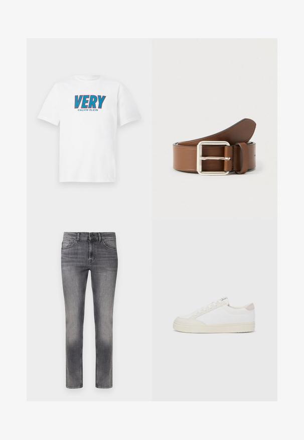 Hvid kortærmet T-shirt med blå og rød tekst "VERY" og mindre "Calvin Klein" trykt nedenunder i centrum foran.; Gråslidte slim-fit jeans med knap og lynlås foran, bæltestropper og fem lommer, vist fladt mod en hvid baggrund.; Hvid sneaker med øverste lag i tekstureret lærred, glatte beige detaljer ved hælen og en gummisål. Har rundet tå og snørelukning.; Brunt læderbælte med en sølvfarvet rektangulær spænde, der har en glat tekstur og en let tilspidset ende.