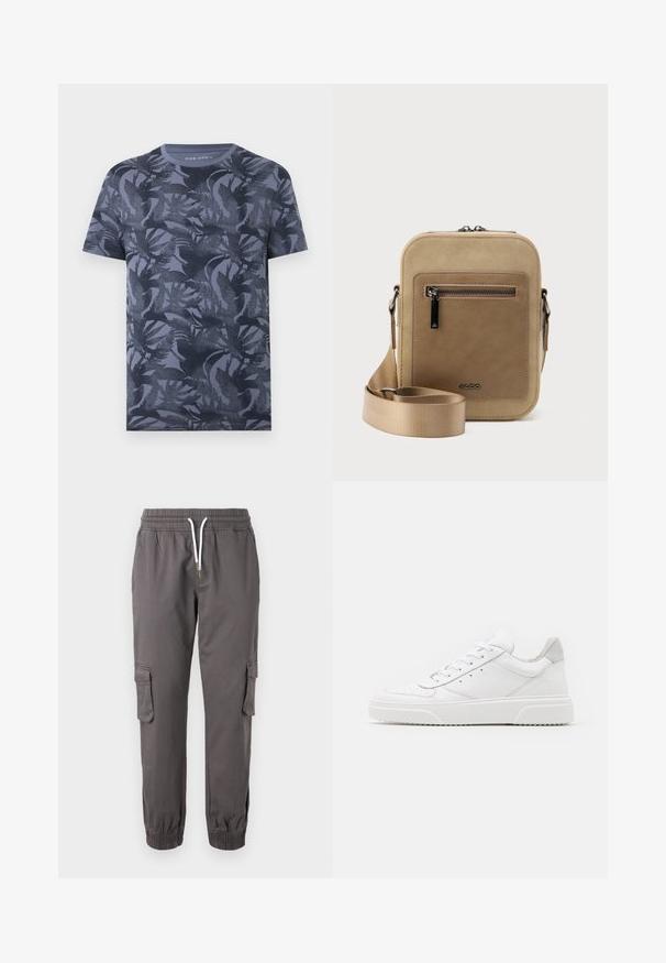 T-shirt homme manches courtes col rond bleu foncé avec un motif discret de feuilles tropicales sur l'ensemble.; Pier One by Zalando RELAXED CARGO - Pantalon cargo - dark grey; Des baskets en cuir blanc avec une finition lisse, un bout rond, des lacets plats et une semelle texturée. Accents en daim gris au niveau du talon.; Petit sac bandoulière beige avec poche avant zippée, logo métallique ALDO, sangle large ajustable et forme rectangulaire arrondie sur fond blanc.