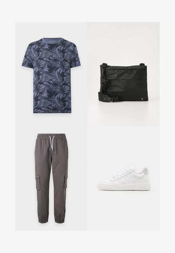 T-shirt homme manches courtes col rond bleu foncé avec un motif discret de feuilles tropicales sur l'ensemble.; Pier One by Zalando RELAXED CARGO - Pantalon cargo - dark grey; Des baskets en cuir blanc avec une finition lisse, un bout rond, des lacets plats et une semelle texturée. Accents en daim gris au niveau du talon.; Sac messager en nylon noir avec une sangle réglable, un design plat et une étiquette latérale arborant un logo. Texture lisse et style minimaliste.