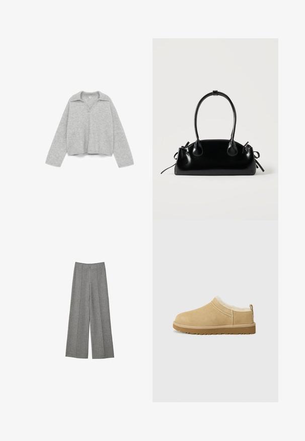 Pull en tricot gris avec un décolleté en V, des manches longues et un col. La texture est douce, fabriquée en un matériau léger et duveteux.; Pantalons gris à jambe large en tissu texturé. Présente des plis sur le devant, une ceinture et aucun fermoir visible.; Chaussure en daim à enfiler de couleur beige clair, dotée d'une douce doublure en fourrure et d'une semelle en caoutchouc texturé avec un léger talon et une sangle à l'arrière pour un enfilage facile.; Petit sac à main noir brillant avec deux longues anses et des détails à cordon sur les côtés sur un fond clair uni.