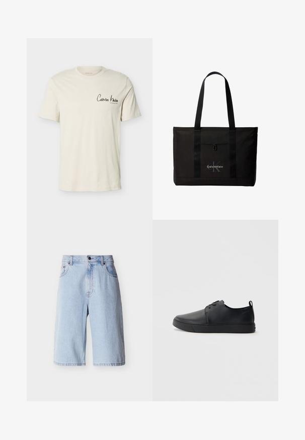 Εκρού κοντομάνικη μπλούζα με το λογότυπο Calvin Klein και το κείμενο «Established 1968» στο αριστερό στήθος, στρογγυλή λαιμόκοψη, απλό σχέδιο.; Ανοιχτό γαλάζιο τζιν σορτς μήκους μέχρι το γόνατο με μπροστινό κουμπί και φερμουάρ, θηλιές για ζώνη και πλαϊνές τσέπες, απεικονίζεται σε απλό φόντο.; Μαύρο δερμάτινο αθλητικό παπούτσι με λεία επιφάνεια, στρογγυλή μύτη, τονικό ράψιμο, κορδόνια μπροστά και επίπεδη καουτσούκ σόλα. Βρόχος στην πτέρνα.; Μαύρη τσάντα tote Calvin Klein με δύο μακριές λαβές και μπροστινή τσέπη, με το λογότυπο της μάρκας σε λευκό και γκρι.