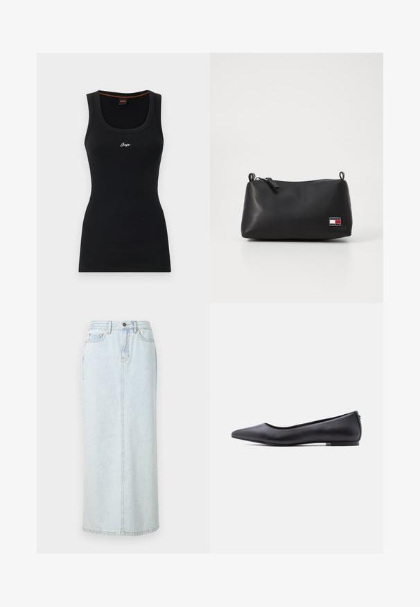 Sort ribbet tanktop med en rund halsudskæring. Har et lille hvidt "Boss" logo på forsiden og en kontrasterende orange detalje indeni kraven.; Lyseblå denim maxi-nederdel med lige design, frontknaplukning og synlige syninger. Har to frontlommer.; Sort flad lædersko med spidst tåparti og lav hæl, vist i sideprofil mod en hvid baggrund.; Sort kosmetikpose med en glat tekstur, afrundet form, lynlås lukning og et lille logo patch med røde, hvide og blå detaljer.