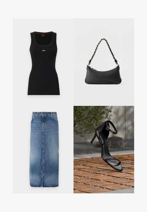 Sort ribbet tanktop med en rund halsudskæring. Har et lille hvidt "Boss" logo på forsiden og en kontrasterende orange detalje indeni kraven.; Denim midi nederdel med en lys til mørkeblå gradient, frontlukning og subtile slidte detaljer nær sømmen. Råkant i bunden.; Sort højhælet sandal med ankelsnor, der ser ud til at svæve over et trægulv udendørs med sløret grønt og sten i baggrunden.; Sort skuldertaske i læder med en buet rektangulær form, gyldent kæde vævet ind i en flettet sort rem og toplynlås.
