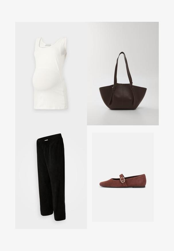 Top de maternidad blanco con escote redondeado, diseño sin mangas y corte ajustado que resalta la forma redondeada del vientre. Textura de tela suave.; Pantalones de pana negra con un corte relajado, que cuentan con una cinturilla elástica y un largo recortado. Textura suave con un patrón de costillas verticales.; Zapato plano Mary Jane de gamuza marrón con una correa de hebilla dorada y suela negra sobre fondo blanco.; Bolso tote de cuero marrón con un acabado texturizado, apertura amplia y correas de hombro redondeadas y dobles; diseño minimalista sin hardware visible.