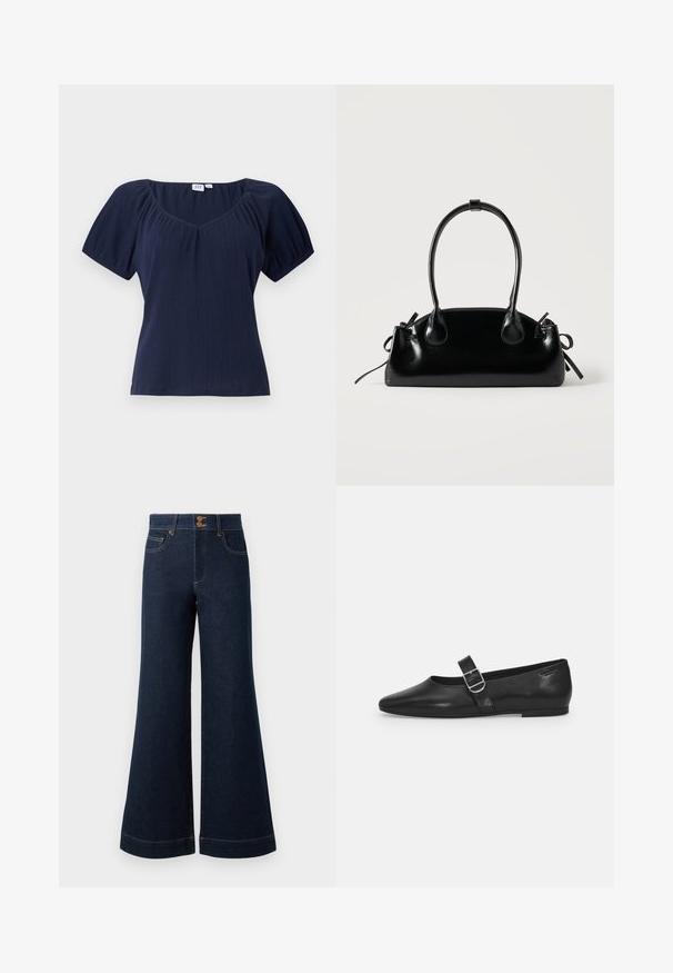 Haut à manches courtes bleu marine avec un décolleté arrondi, une texture côtelée et des coutures d'épaule froncées pour plus de forme et de volume.; Jean en denim bleu foncé avec une évasement large, taille haute, poches avant et couture dorée contrastante. Équipé d'une fermeture à double bouton.; Chaussure plate en cuir noir avec un bout arrondi, une seule sangle réglable à boucle et une texture lisse et brillante. Design minimaliste avec un petit talon.; Petit sac à main noir brillant avec deux longues anses et des détails à cordon sur les côtés sur un fond clair uni.