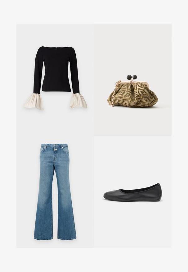 Zwarte top met lange mouwen en crèmekleurige, verzamelde klokmouwen. Heeft een botte halslijn en een ritsluiting aan de achterkant.; Lichtblauwe spijkerbroek met flare, met een middelhoge taille, voorzien van voorzakken, een enkele knoopsluiting en subtiele slijtage-details.; Zwarte leren ballerina met een ronde neus, gladde textuur, minimale stikdetails en een flexibele zoolontwerp.; Kleine clutch tas met goud-zwart geometrisch patroon, goudkleurig metalen frame, zwarte bolsluiting en een korte gouden kettingband.
