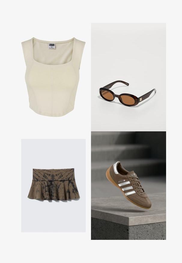 Κρεμ μπλούζα crop top από μαλακό ύφασμα με τετράγωνη λαιμόκοψη, εφαρμοστή σχεδίαση και ελάχιστες λεπτομέρειες ραφής. Η ετικέτα γράφει "Urban Classics."; Καφέ φούστα με σχέδιο tie-dye, με φαρδιά μέση και καμπανωτό τελείωμα. Κατασκευασμένη από μαλακό ύφασμα με υφή. Τα μοτίβα ποικίλλουν σε όλη την επιφάνεια.; Καφέ σουέντ αθλητικό παπούτσι με λευκές ρίγες και ασημένιες λεπτομέρειες, με υφή στο πάνω μέρος, σχέδιο με κορδόνια και σόλα από καουτσούκ χρώματος καραμέλας.; Καφέ καμελιά γυαλιά ηλίου με οβάλ φακούς, διαθέτοντας λεπτό σκελετό και μικρή μεταλλική λεπτομέρεια στην πλευρά. Υφή και γυαλιστερή φινίρισμα.