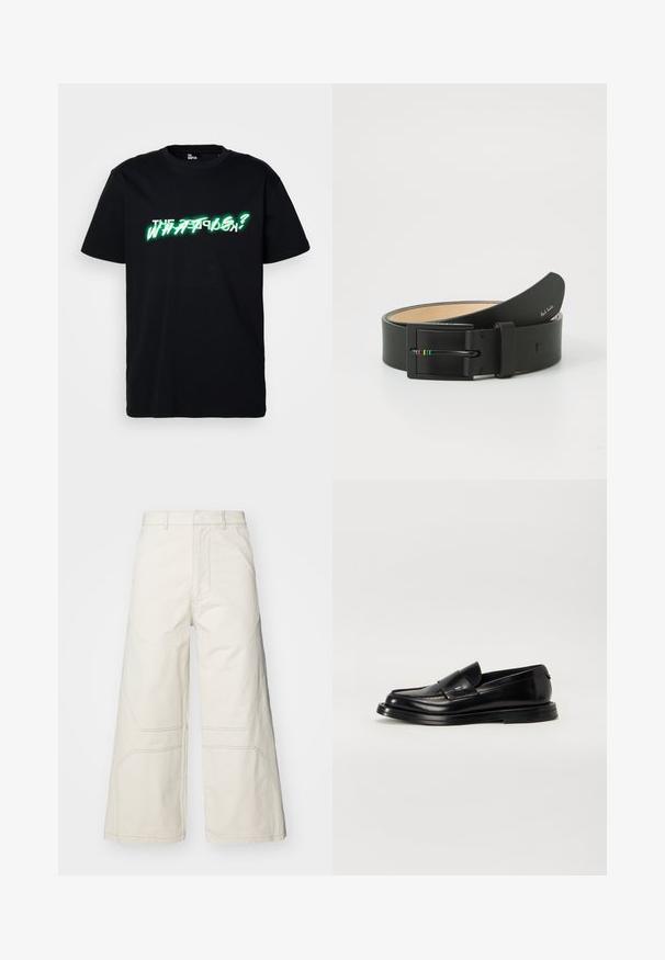 Zwarte katoenen t-shirt met opvallende groene en witte grafische tekst "WHAT IS?" aan de voorkant. Ronde hals en korte mouwen.; A-COLD-WALL* FORMAT PANT - Broek - beige bone; The Antipode COLLEGE - Mocassins - black; Paul Smith MEN BELT STRIPE BUCKLE - Riem - black