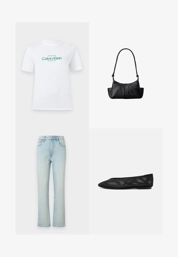 Λευκό κοντομάνικο T-shirt με πράσινη επιγραφή "Calvin Klein New York City Established 1968" στο στήθος.; Σκούρο γαλάζιο τζιν ψηλόμεσο με ίσια γραμμή, με εμπρόσθιο κουμπί, θηλιές για ζώνη και κλασικό σχέδιο με πέντε τσέπες σε απλό φόντο.; Μαύρο δίχτυ επίπεδης παπούτσας με κλειστή μύτη και χαμηλό τακούνι, με αναπνεύσιμο υφαντό σχέδιο και διακριτικό λογότυπο στο πλάι.; Μαύρη δερμάτινη τσάντα ώμου με μακρύ λουράκι, πλαϊνές θήκες και ανάγλυφο λογότυπο Calvin Klein στο μπροστινό μέρος.